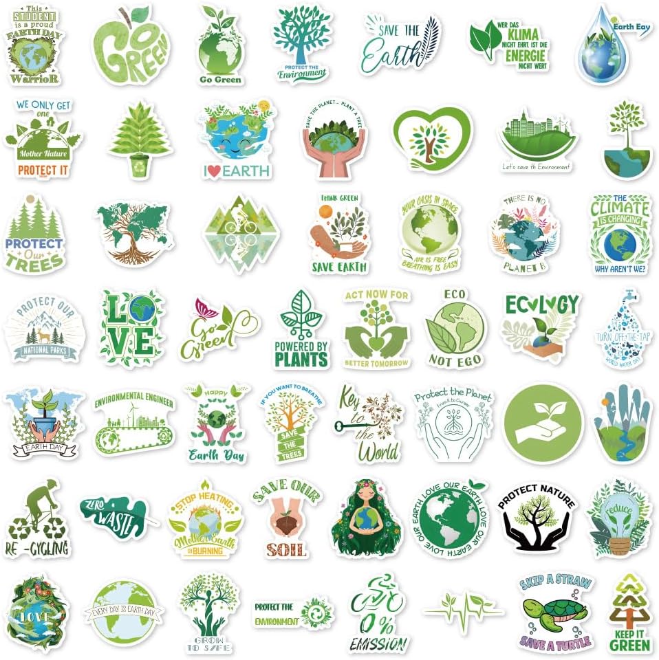 100 Packs Nature Green Stickers Water Bottles Laptop Phone Motorcycle Computer Guitar Skateboard Hydroflasks Protect Environment Vinyl Sticker Waterproof