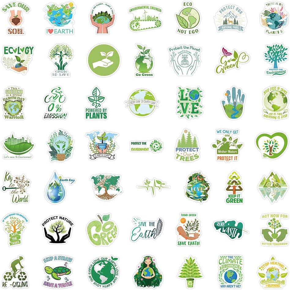 100 Packs Nature Green Stickers Water Bottles Laptop Phone Motorcycle Computer Guitar Skateboard Hydroflasks Protect Environment Vinyl Sticker Waterproof