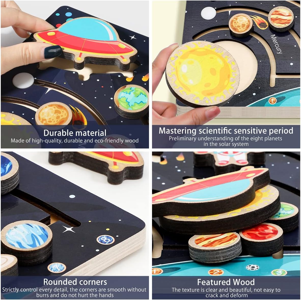 Solar System Model Board with 9 Planets Spaceship Rocket Module Space Educational Solar System Toy Early Learning Wooden Solar System Model Outer Space Toy for Kids Toddlers Gift Storytelling