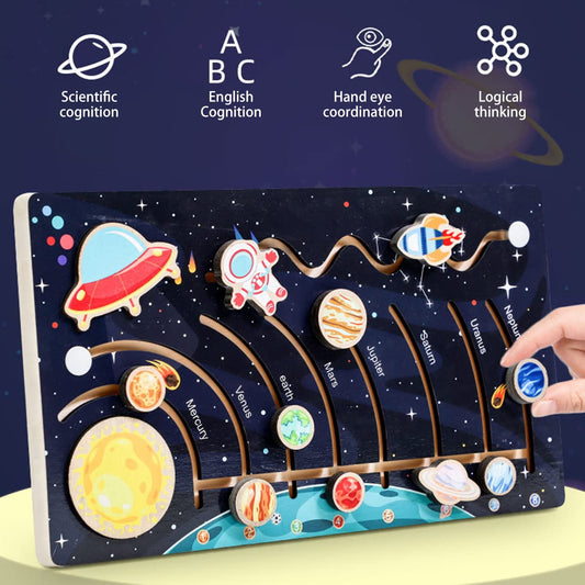 Solar System Model Board with 9 Planets Spaceship Rocket Module Space Educational Solar System Toy Early Learning Wooden Solar System Model Outer Space Toy for Kids Toddlers Gift Storytelling